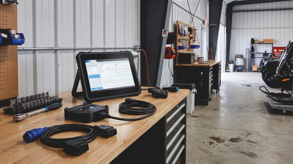 The Lakeview diagnostic tablet and interface cables laid out on the workshop tool bench