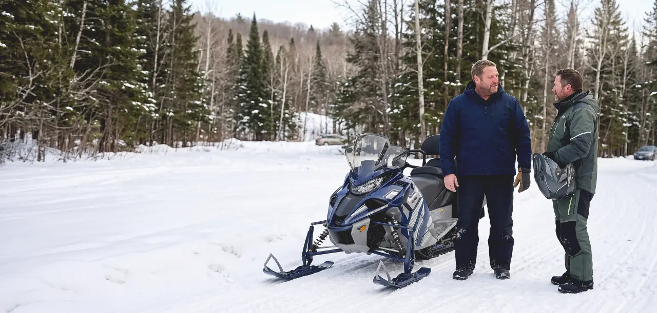 A Lakeview mechanic with a recovered rider and sled on a Haliburton trail