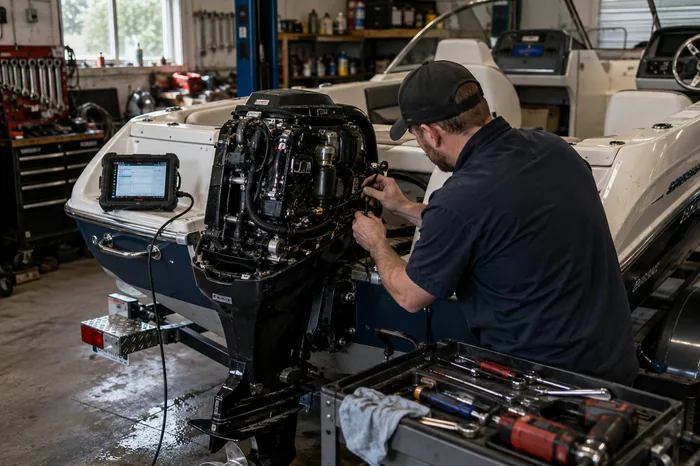 A Lakeview mechanic diagnosing and repairing an exposed boat engine in the workshop