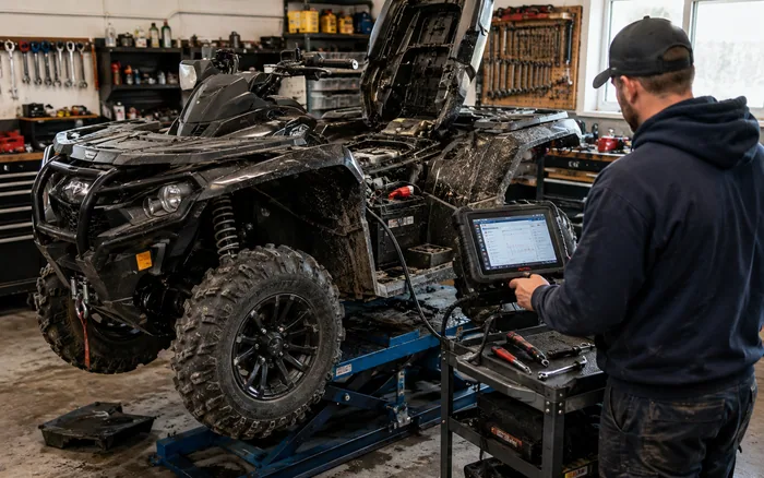 A Lakeview mechanic using diagnostic equipment on an ATV in the workshop