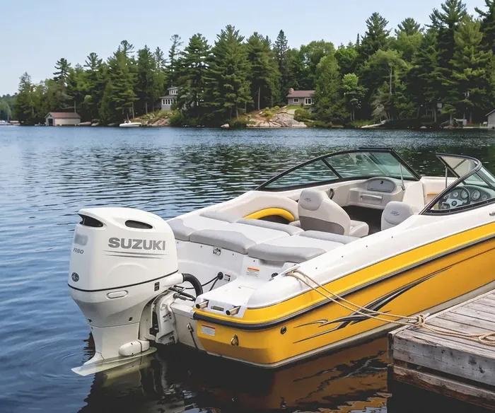 The Suzuki outboard and cockpit of a Lakeview rental boat at the dock