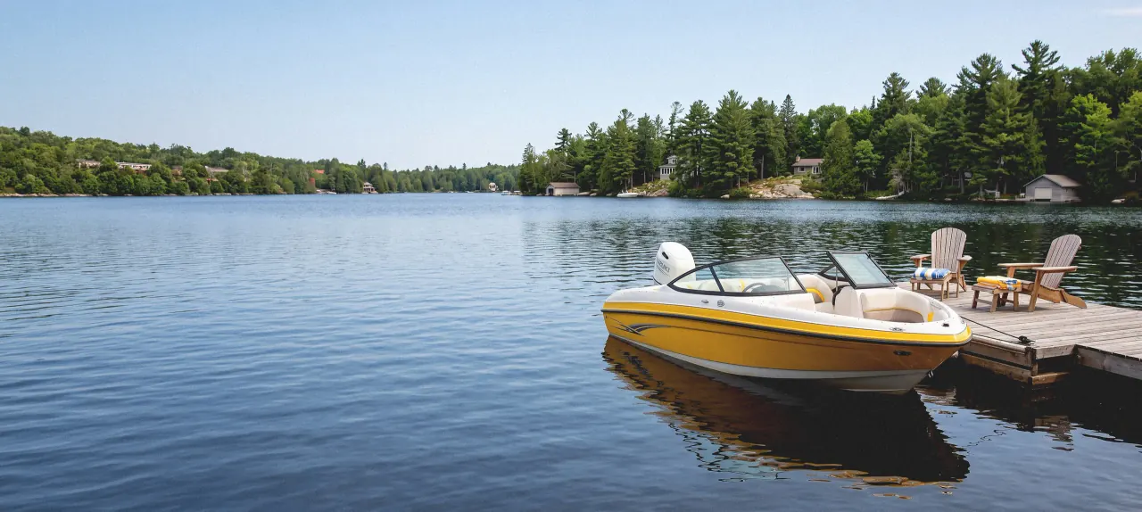 A yellow Lakeview rental boat tied at a dock on Drag Lake