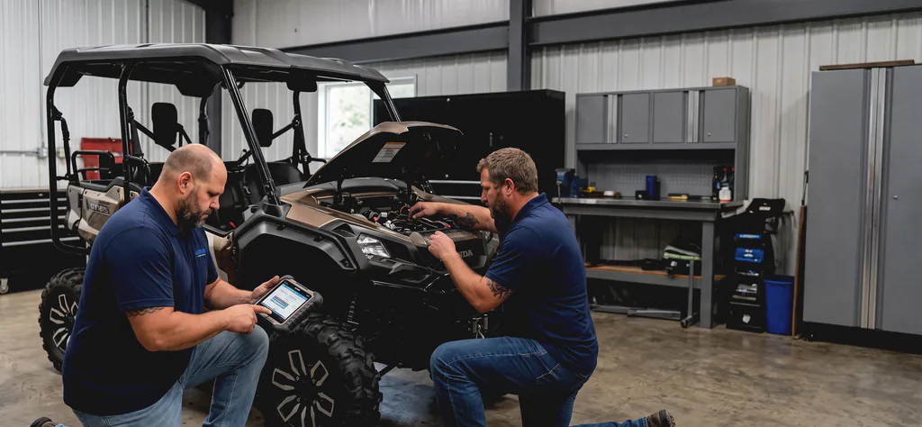 Marko reading a diagnostic tablet while George works the open engine bay of a Honda Pioneer side-by-side