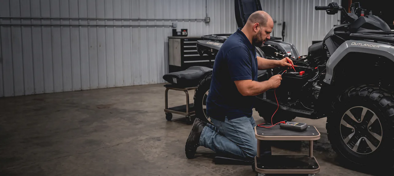 A Lakeview mechanic taking a voltage reading on a Can-Am Outlander in the workshop
