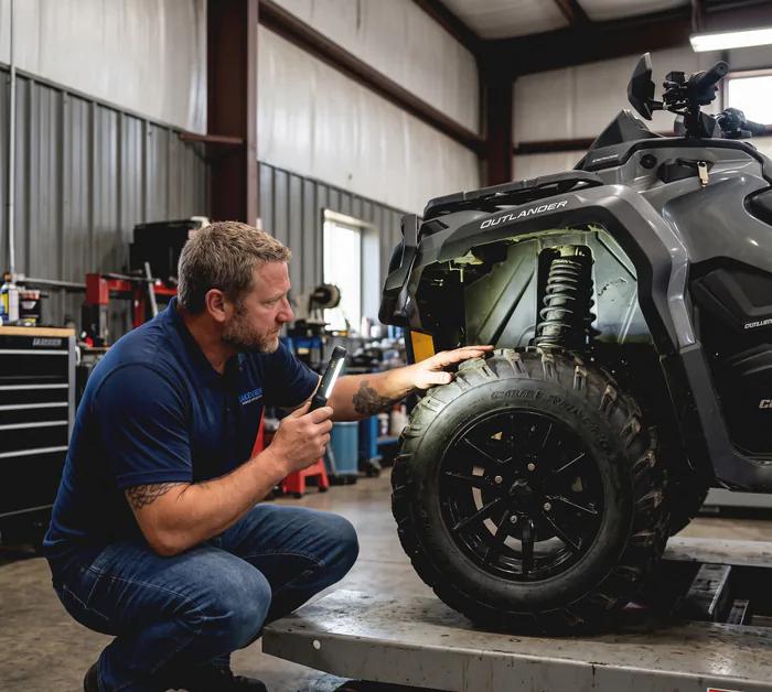 A Lakeview mechanic inspecting the front wheel and suspension of a Can-Am Outlander with a flashlight