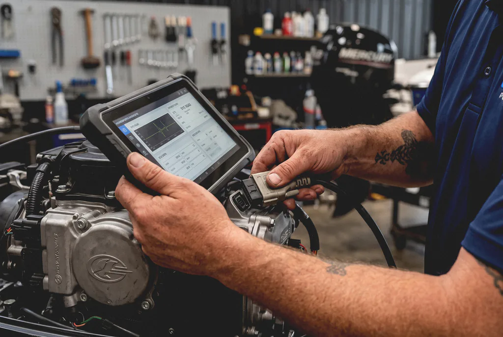 A Lakeview mechanic plugging a diagnostic tablet into a marine engine on the workshop bench