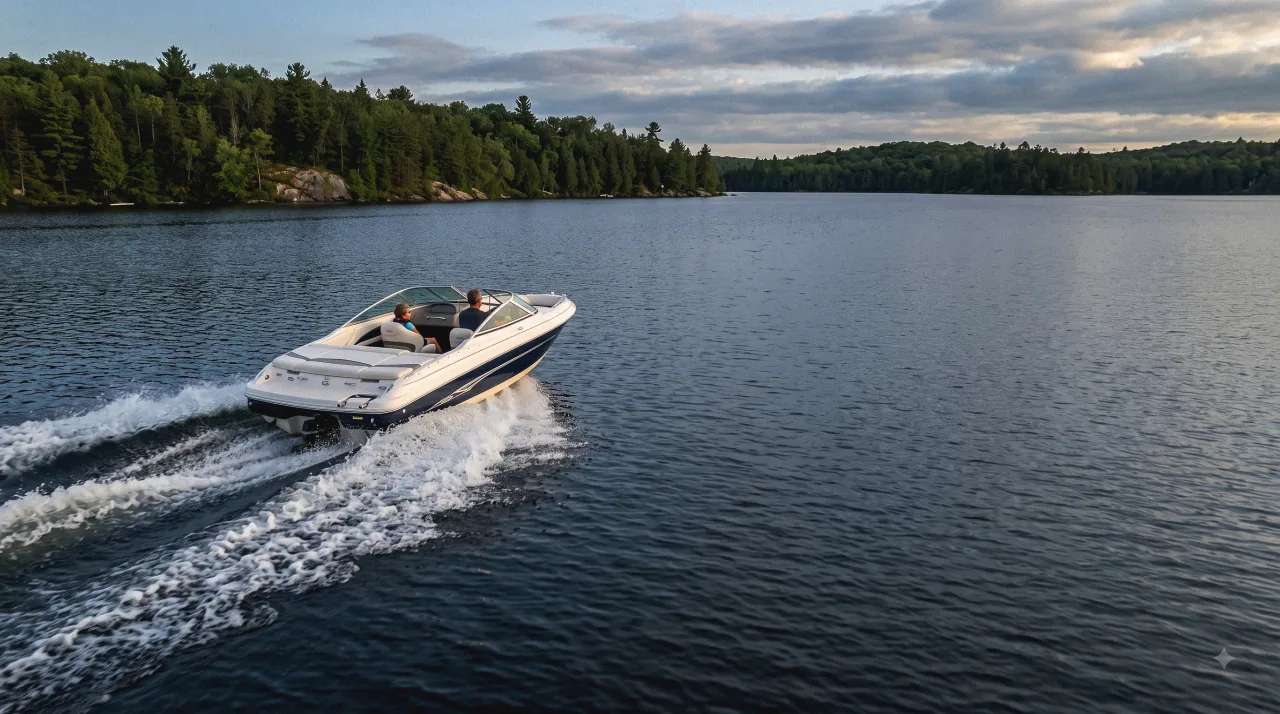 A repaired powerboat running across a lake in the Haliburton Highlands