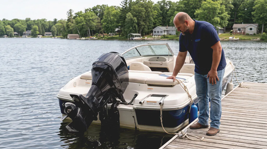 A Lakeview mechanic checking over a boat and its outboard at a customer's dock on the lake