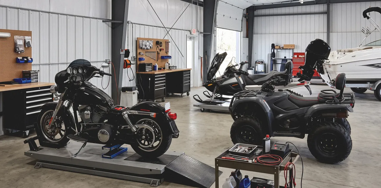 A motorcycle, snowmobile, ATV and boat in for service on the Lakeview Power Sports shop floor