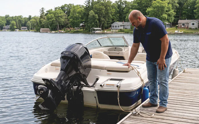 A Lakeview mechanic checking over a boat and its outboard at a customer dock on the lake