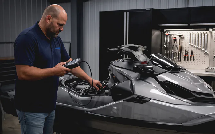 A Lakeview mechanic reading a diagnostic meter wired into the open engine bay of a Sea-Doo