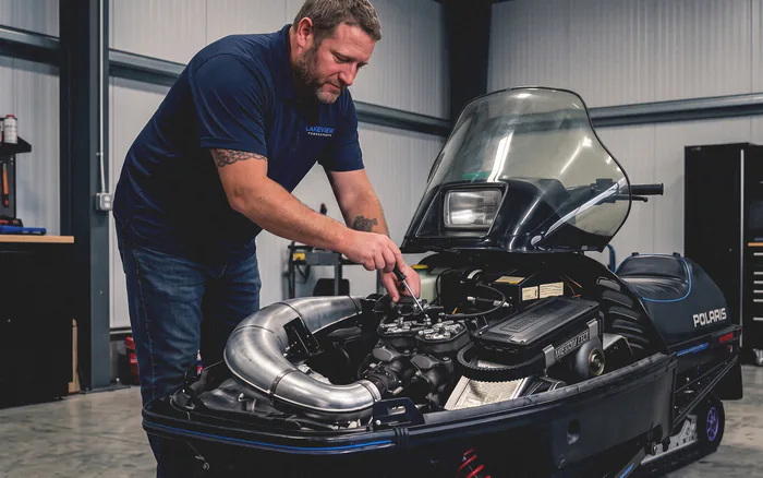A Lakeview mechanic leaning over the open engine bay of a Polaris sled with a screwdriver