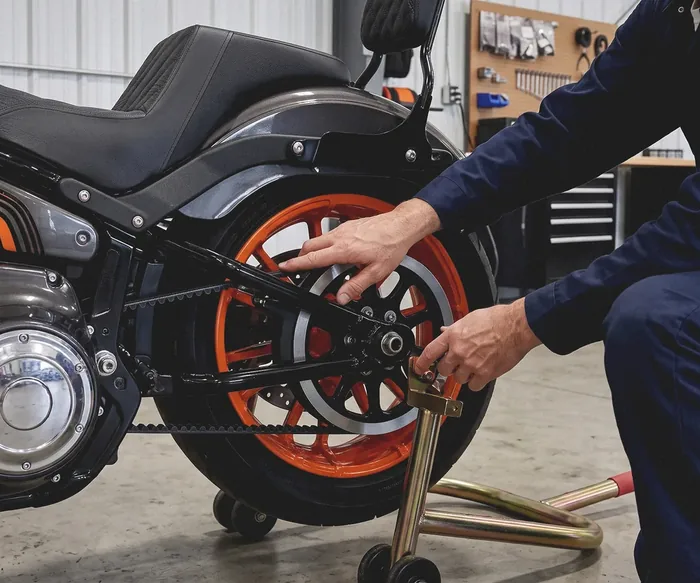 A Lakeview mechanic servicing the rear wheel and belt drive of a Harley-Davidson