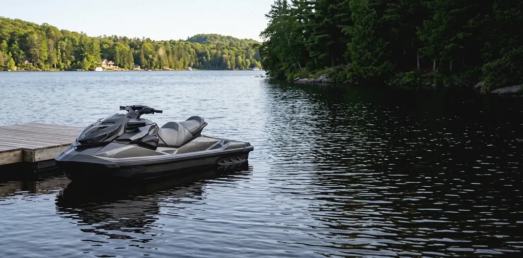 A serviced Sea-Doo tied up at a dock on a calm Haliburton lake
