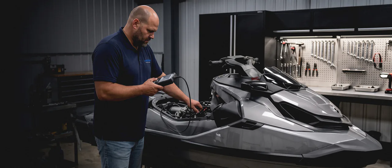 A Lakeview mechanic reading a diagnostic meter wired into the open engine bay of a Sea-Doo in the workshop