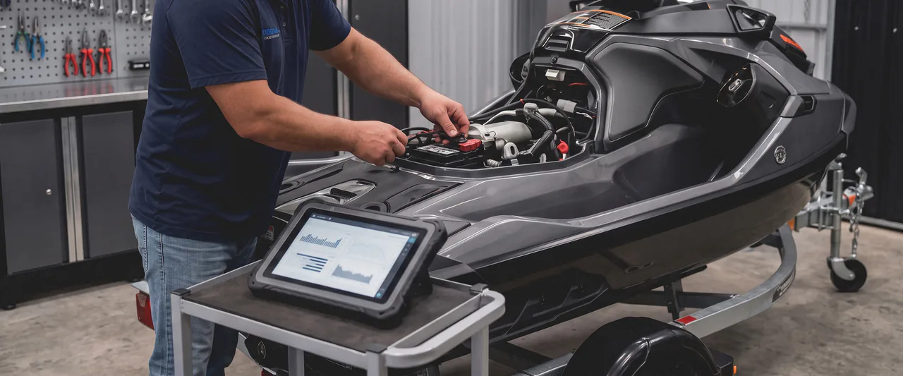 A Lakeview mechanic working the battery terminals of a Sea-Doo on its trailer, diagnostic tablet reading on the stand