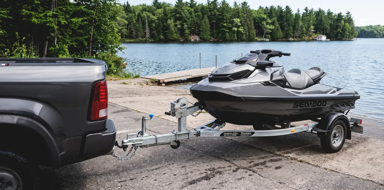 A Sea-Doo on its trailer behind a pickup at a Haliburton lake launch ramp