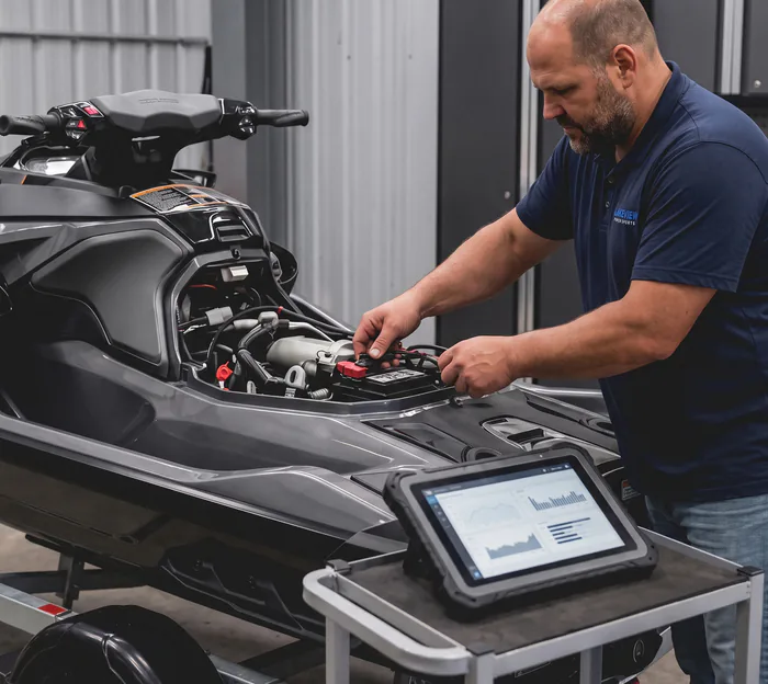 A Lakeview mechanic lifting the battery out of a Sea-Doo engine bay with a diagnostic tablet on the stand beside him