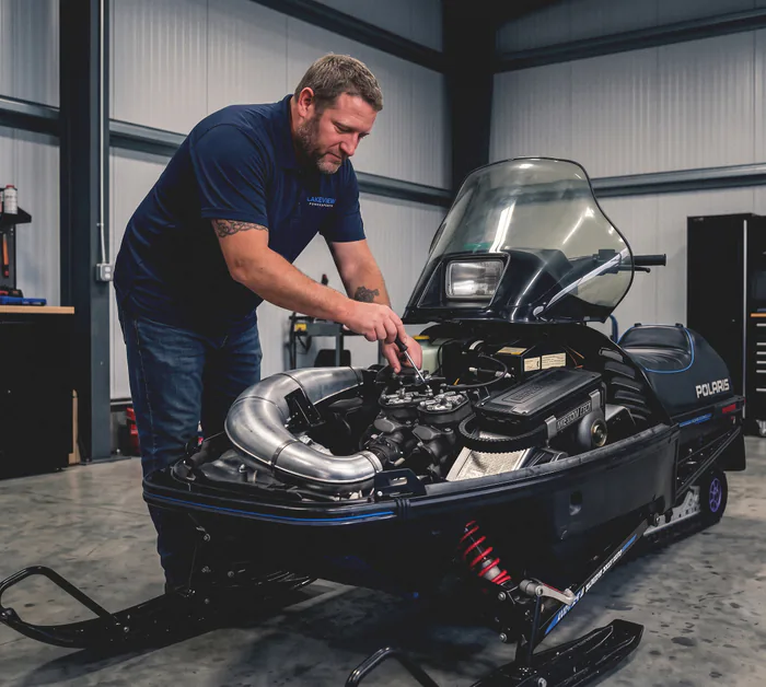 A Lakeview mechanic leaning over the open engine bay of a Polaris sled with a screwdriver