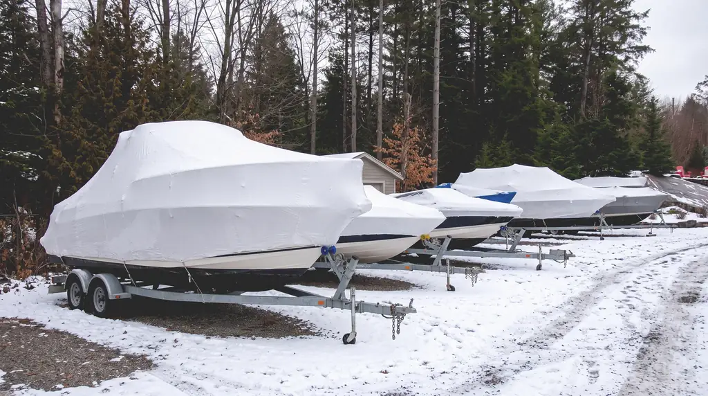 A row of shrink-wrapped boats on their trailers in the Lakeview winter storage lot