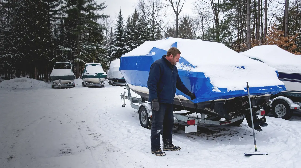 A Lakeview mechanic checking snow load on a shrink-wrapped boat in the winter storage lot