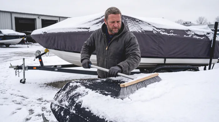 A Lakeview mechanic sweeping snow off a covered boat in the Lakeview winter storage lot